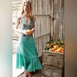 Maeve Anthropologie Canyon Creek Midi Dress Size 2 Green Floral Pleated Cutout